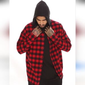 Hollister Red and Black Plaid Men's Hooded Flannel Shirt, Large